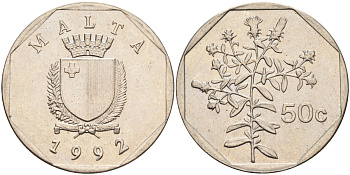 Мальта 50 центов 1992 девясил KM 98 медно-никель 213-624