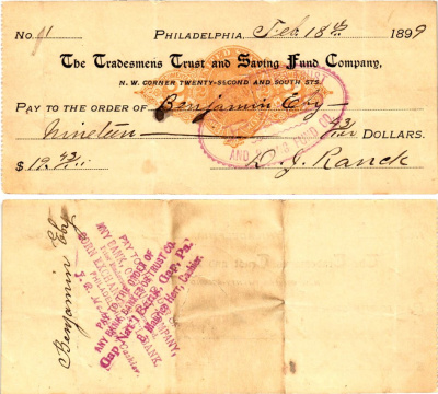 США чек на 19,43 долларов 1899 Филадельфия бумага 3295-55-1-2