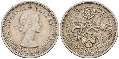 Великобритания 6 пенсов 1960 Елизавета II (1952-2022) KM 903, Spink 4149 медно-никель 4154-241