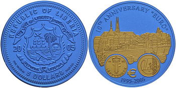 Либерия 5 долларов 2005 10 лет евро, страны еврозоны, Люксембург, с сертификатом, би-колор (два цвета), вес 7,78 гр., диаметр 35 мм.  ниобий  UNC  1081-7-53