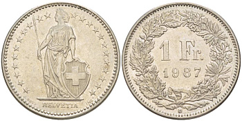 ШВЕЙЦАРИЯ 1 ФРАНК 1987 В KM 24а.3 медно-никель 4544-444