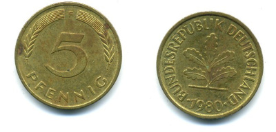 ФРГ 5 ПФЕННИГОВ 1980 F KM 107, J. 382 сталь плакированная латунью 54-1159