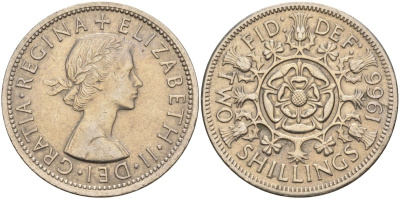 Великобритания 2 шиллинга (флорин) 1966 Елизавета II (1952-2022) KM 906, Spink 4146 медно-никель 4149-832
