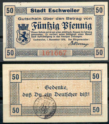 Германия, Эшвайлер 50 пфеннигов 1918 нотгельд, 1.11.1918 бумага UNC (пресс) 8614-46-1-2