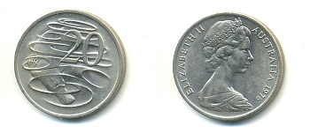 АВСТРАЛИЯ 20 ЦЕНТОВ 1976 ЕЛИЗАВЕТА II, МОЛОДОЙ ПОРТРЕТ, УТКОНОС KM 66 медно-никель UNC 47-314