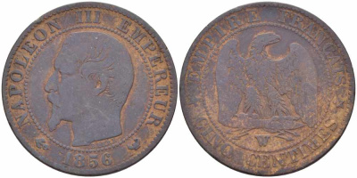 ФРАНЦИЯ 5 САНТИМОВ 1856 W, НАПОЛЕОН III (1852-1870) KM 777.7, LE FRANC 116.36 бронза 108-417