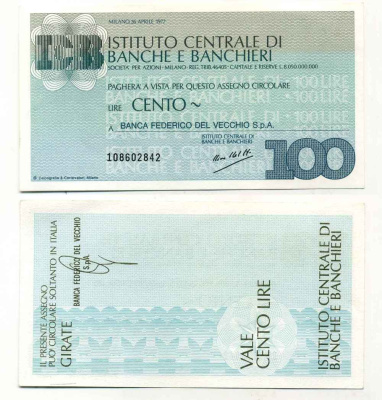 Италия 100 лир 1977 institutocentrale Di Banche e banchieri, Banca FEDERICO DEL VECCHIO S.p.A, 26 апреля 1977 Milano бумага UNC (пресс) 8588-20-3-1