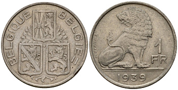 Бельгия 1 франк 1939 Belgique - Belgie KM 119 никель 4603-1227