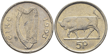 ИРЛАНДИЯ 5 ПЕНСОВ 1993 БЫК KM 28 медно-никель 179-1011