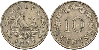 Мальта 10 центов 1972 баржа Великого магистра KM 11 медно-никель 82-531