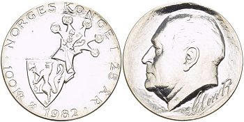 Норвегия 100 крон 1982 25 лет правления короля Улафа V KM 426 серебро 413-1125