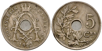 Бельгия 5 сантимов 1922 Belgie KM 67 медно-никель 3955-1135