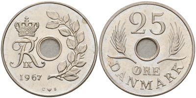 Дания 25 эре 1967 С; S, Фредерик IX (1947-1972) KM 855.1 медно-никель    4143-325