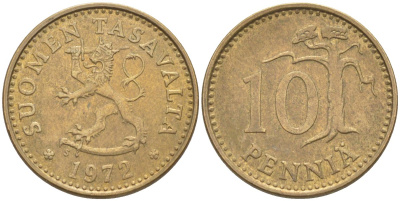Финляндия 10 пенни 1972 S KM 46 алюминиевая бронза 219-1152