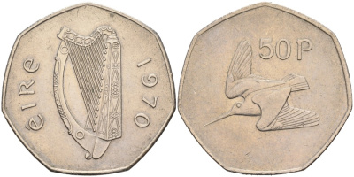 Ирландия 50 пенсов 1970 ВАЛЬДШНЕП KM 24 медно-никель 88-631