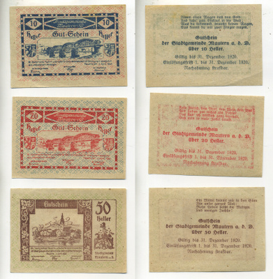 АВСТРИЯ НАБОР ИЗ 3 БАНКНОТ 1920 2 АПРЕЛЯ 1920- 31 ДЕКАБРЯ 1920, НОТГЕЛЬД, 10, 20, 50 ГЕЛЛЕРОВ, MAUTERN am der DONAU бумага XF 6317-42-1