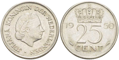 НИДЕРЛАНДЫ 25 ЦЕНТОВ 1950 ЮЛИАНА (1948-1980) KM 183 никель 214-912