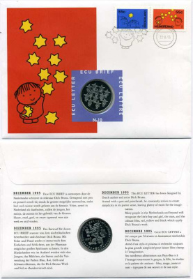 НИДЕРЛАНДЫ 1 ЭКЮ 1995 ДЕТИ СО ЗВЁЗДАМИ, В КОНВЕРТЕ С МАРКАМИ никелированная сталь UNC 00-00