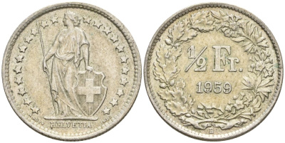 Швейцария 1/2 франка 1959 B KM 23 серебро 4608-516
