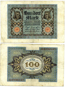 Германия 100 марок 1920 Бамбергский всадник, 7 цифр в номере Pick 69 a, Розенберг 67а  бумага 3295-115-3-1