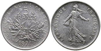 Франция 5 франков 1971 сеятель KM 926a.1, Le Franc 341.3 медно-никель плакированный никелем 56-724