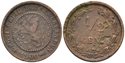 Нидерланды 1/2 цента 1900 Вильгельмина (1890-1948) КМ 109 бронза    4174-532