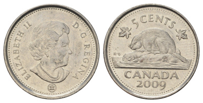 Канада 5 центов 2009 Leaf, Елизавета II (1952-2022), бобр KM 491 сталь плакированная никелем 4689-523