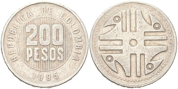 Колумбия 200 песо 1995 KM 287.2, Schon 113, Restrepo 446 медь цинк никель 4156-1035