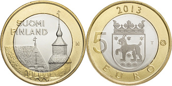 Финляндия 5 евро 2013 исторические здания, Хяме, Тавастланд KM 197 биметалл UNC M38-3
