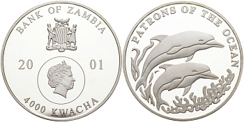 Замбия 4000 квача 2001 серия покровители океана, дельфина KM 163 серебро PROOF 1098-1-31
