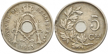 БЕЛЬГИЯ 5 САНТИМОВ 1913 BELGIQUE KM 66 медно-никель 112-229