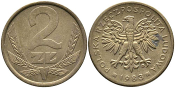 ПОЛЬША 2 ЗЛОТЫХ 1983 MW KM 80.1 латунь 110-555