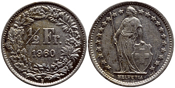 ШВЕЙЦАРИЯ 1/2 ФРАНКА 1960 В KM 23 серебро 633-1011