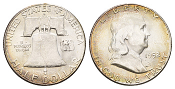 США 1/2 доллара (50 центов) 1952 S, Бенджамин Франклин, колокол KM 199 серебро aUNC 1531-1043