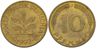 ФРГ 10 пфеннигов 1992 J J. 383, KM 108 сталь плакированная латунью    4603-644
