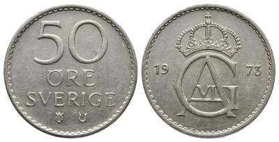Швеция 50 эре 1973 U, Густав VI Адольф (1950-1973) KM 837 медно-никель 89-1645