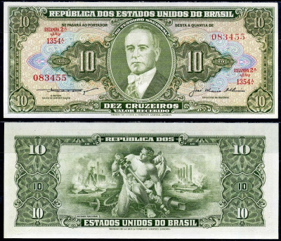 Бразилия 10 крузейро ND (1956) Pick 159 с бумага UNC (пресс) 402-56-1-2