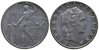 ИТАЛИЯ 50 ЛИР 1975 R, БОГ ОГНЯ ВУЛКАН У НАКОВАЛЬНИ KM 95.1 нержавеющая сталь 91-536