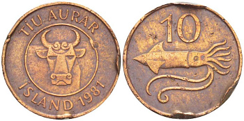 Исландия 10 эйре 1981 кальмар KM 25 бронза 214-542