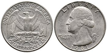 США 25 ЦЕНТОВ = КВОТЕР 1981 ВАШИНГТОН KM А164а медь плакированная медно-никелем 4364-541