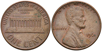 США 1 цент 1961 Авраам Линкольн KM 201 медь цинк 4564-346