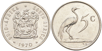 ЮАР 5 центов 1970 герб, райский журавль KM 84 никель 187-262