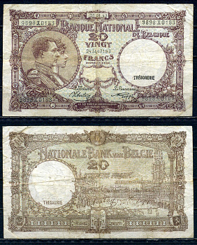 Бельгия 20 франков 1943 22.01.1943, Король Альберт I и его жена Королева Елизавета, Гран-Плас / Гроте Маркт, Брюссель Pick 111 (2) бумага 6301-34-2-2