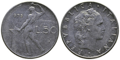 ИТАЛИЯ 50 ЛИР 1975 R, БОГ ОГНЯ ВУЛКАН У НАКОВАЛЬНИ KM 95.1 нержавеющая сталь 91-536