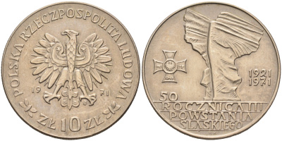 Польша 10 злотых 1971 MW, 50 лет битве за Верхнюю Силезию KM 64 медно-никель  UNC  4150-431