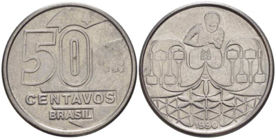 БРАЗИЛИЯ 50 СЕНТАВО 1990 РЕФОРМА 1989-1990 KM 614 нержавеющая сталь 116-1262