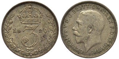 Великобритания 3 пенса 1920 Георг V (1910-1936), пограничный год KM 813 или 813a, Spink 4015 или 4026 серебро 4528-519