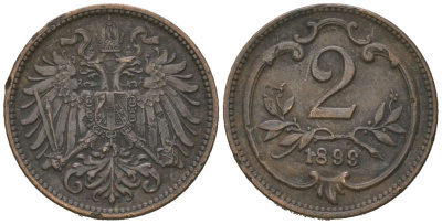 Австрия 2 геллера 1899 Франц Иосиф I (1848-1916) KM 2801 бронза 4615-558