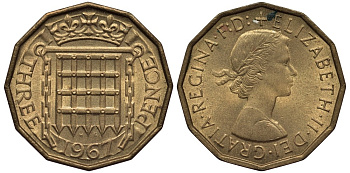 Великобритания 3 пенса 1967 Елизавета II (1952-2022) KM 900, Spink 4153 никель латунь 4538-1137