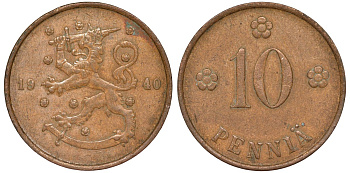 Финляндия 10 пенни 1940 республика (1918-1962) KM 24 медь 51-3331